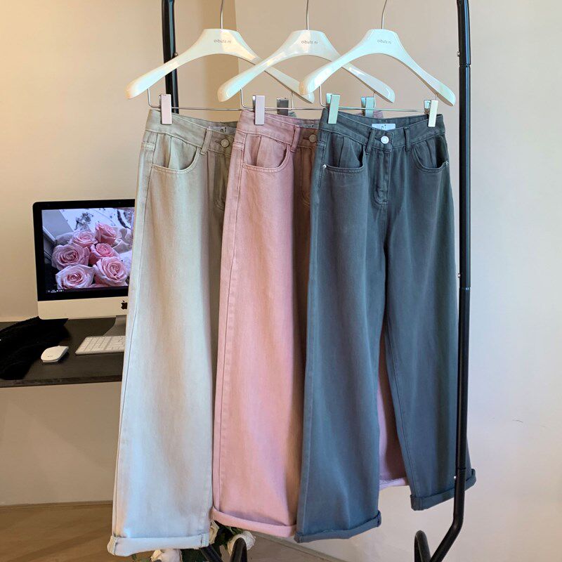 脏粉色软牛仔裤女夏薄款胖妹妹mm大码窄版直筒阔腿裤高腰显瘦裤子