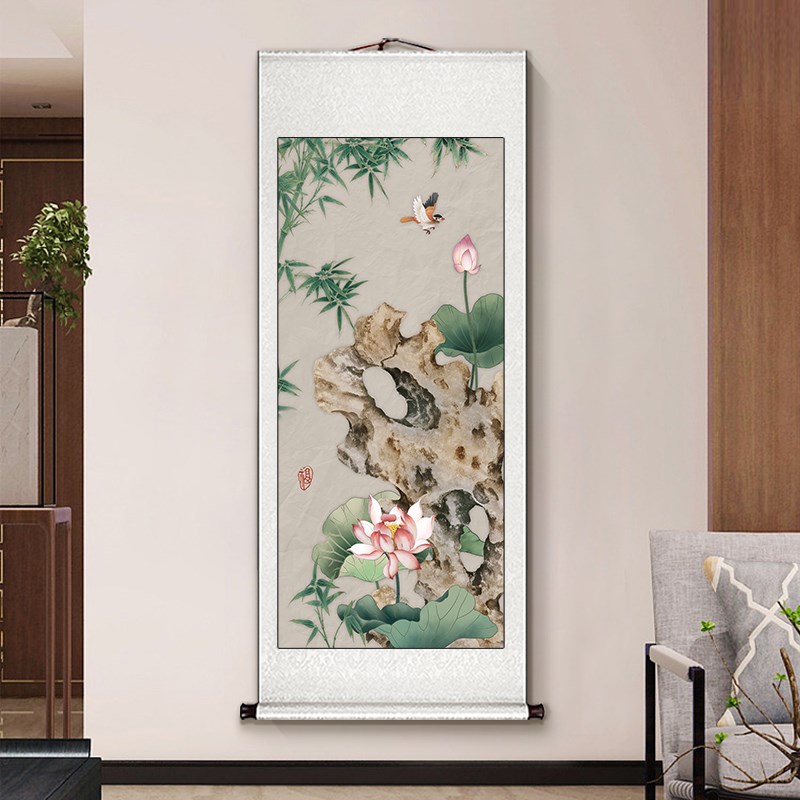 花鸟国画定制宣纸卷轴挂画竖版新中式玄关装饰画入户正对门壁画