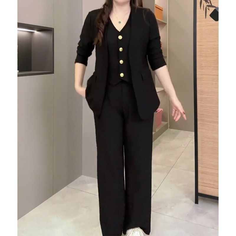 时尚大码显瘦套装女2024秋新款胖mm长袖马甲小西服上衣长裤两件套