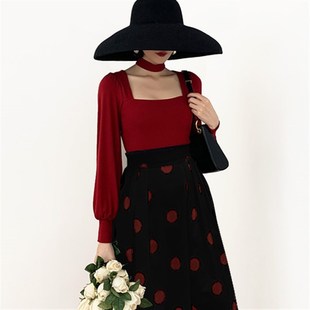 复古法式方领针织衫早秋气质黑色T恤上衣女秋装新款打底衫