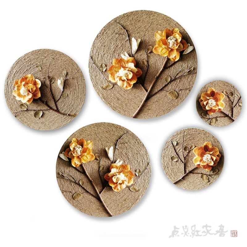 新中式牡丹花麻绳圆形手工装饰画家居壁饰挂件干花玄关墙饰