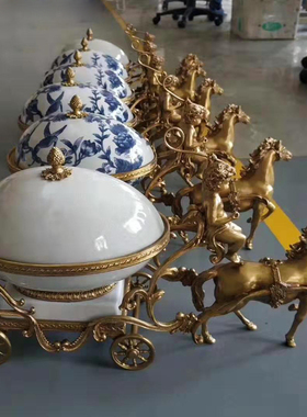 创意纯铜包瓷马拉车果盘摆件欧式美式客厅玄关陶瓷配铜收纳盒摆设