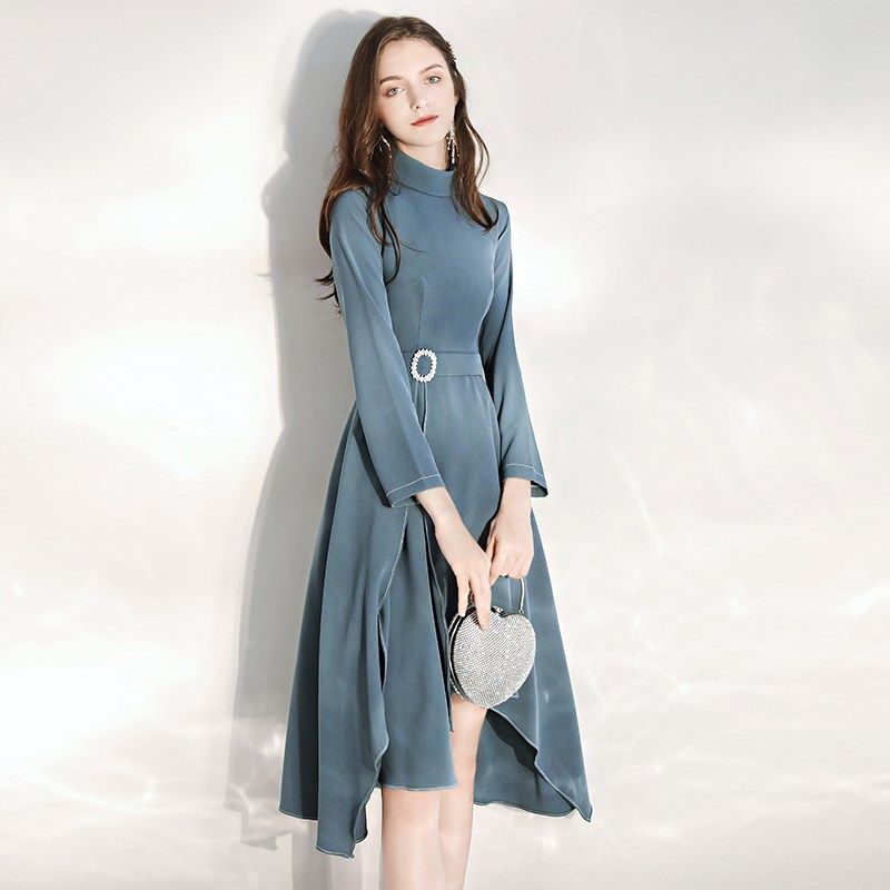 晚礼服女宴会气质轻奢小众高端高级感简约长袖主持人蓝色连衣裙