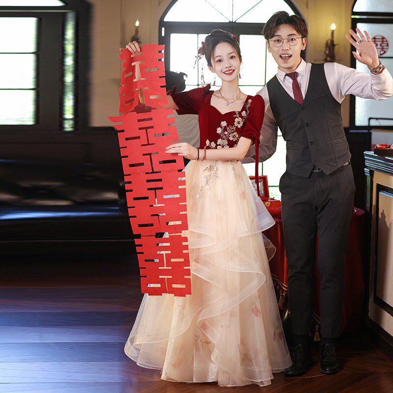 大码敬酒服新娘胖mm200斤订婚晚礼服婚纱高腰遮肚子结婚回门服夏