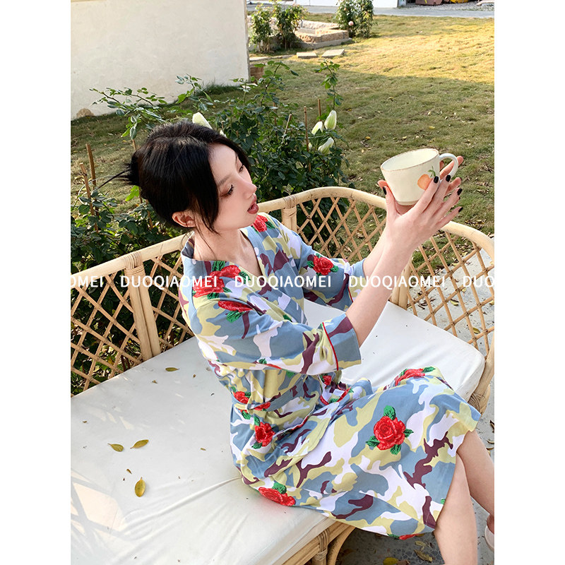 露营睡袍女士春秋款纯棉长袖全棉2023年新款浴袍睡衣夏季长款浴衣