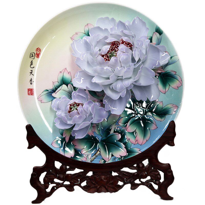 李学武牡丹瓷洛阳牡丹花瓷盘摆件家居客厅装饰品纯手工手绘工艺品