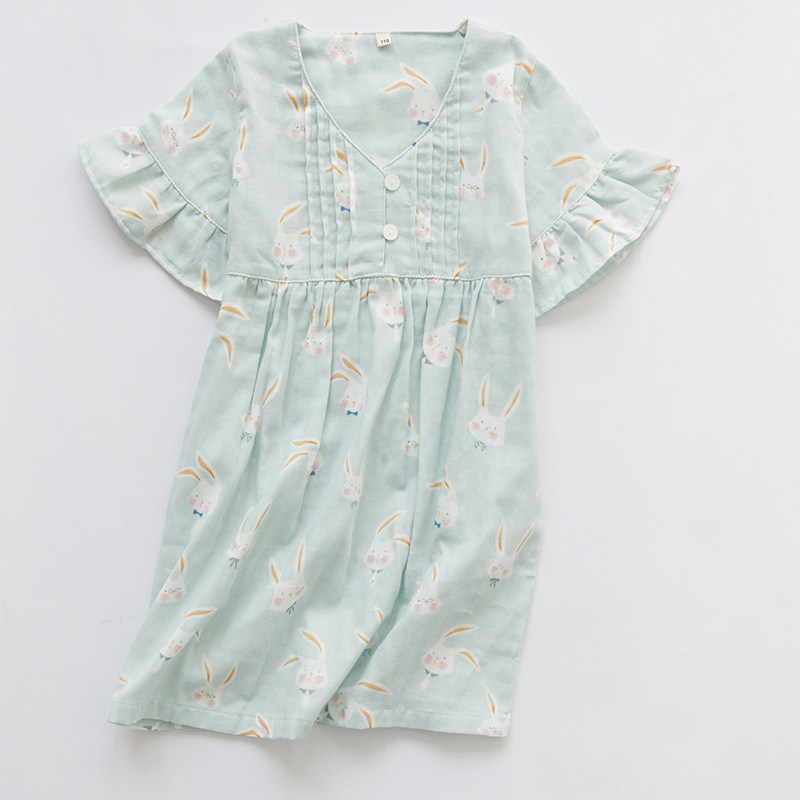 夏季短袖纯棉纱布母女亲子睡裙女夏天女童全棉可爱外穿睡衣家居服