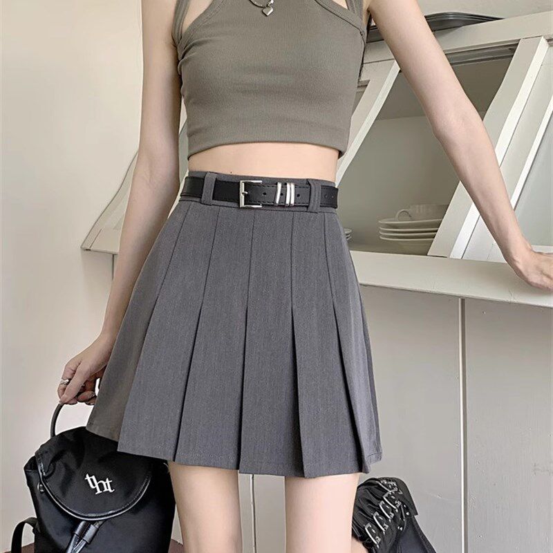 西装百褶裙大码高腰长裙春秋气质灰色半身裙中长款胖mm宽松a字裙