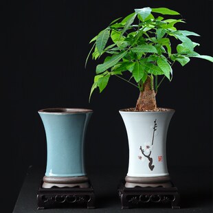 陶瓷花盆兰花专用手绘盆高款三角形中式家用绿植造景飘枝盆兰草盆