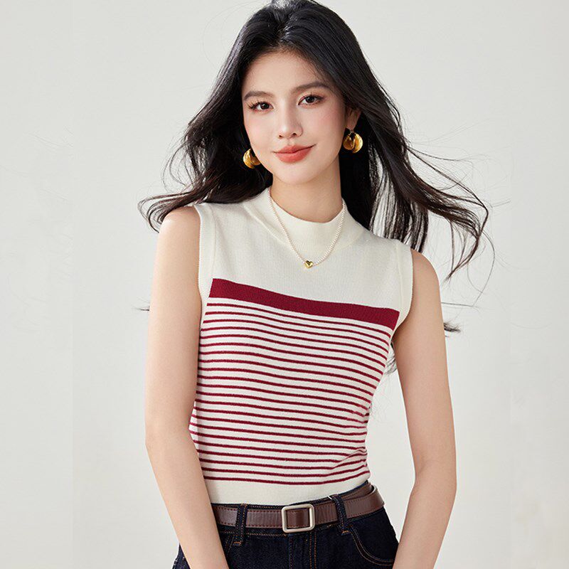 半高领无袖背心女内搭打底衫2025新款春季小个子短款条纹针织上衣