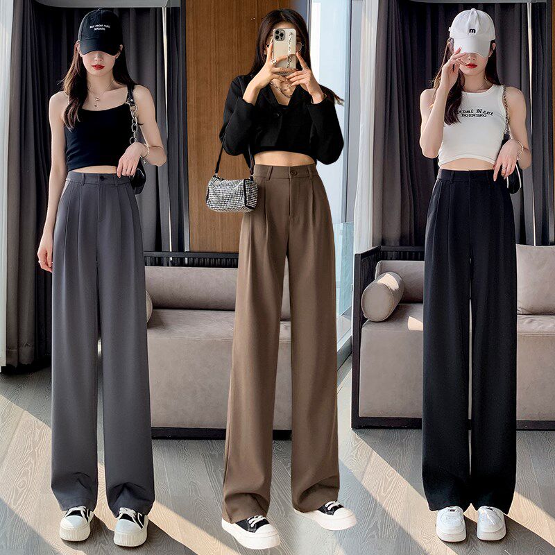 灰色西装裤女春秋高腰垂感梨形身材显瘦小个子直筒休闲窄版阔腿裤