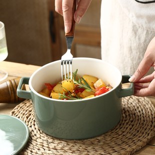 (超美绿色双耳碗)陶瓷八英寸双耳带盖汤碗烤盘碗泡面碗家用菜碗