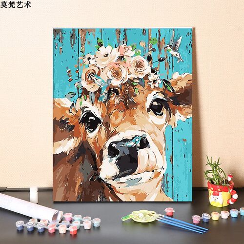 数字油画diy手工填充鲜花和牛治愈系消磨时间手绘涂色丙烯油彩画
