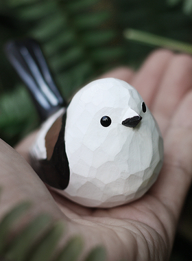 鹿妖商店 肥啾木雕小鸟 翘尾版北长尾山雀 银喉 手工摆件 礼物