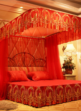 新品宫廷蚊帐公主风大红色结婚喜庆加粗U型轨道导轨式1.8米2m睡帐