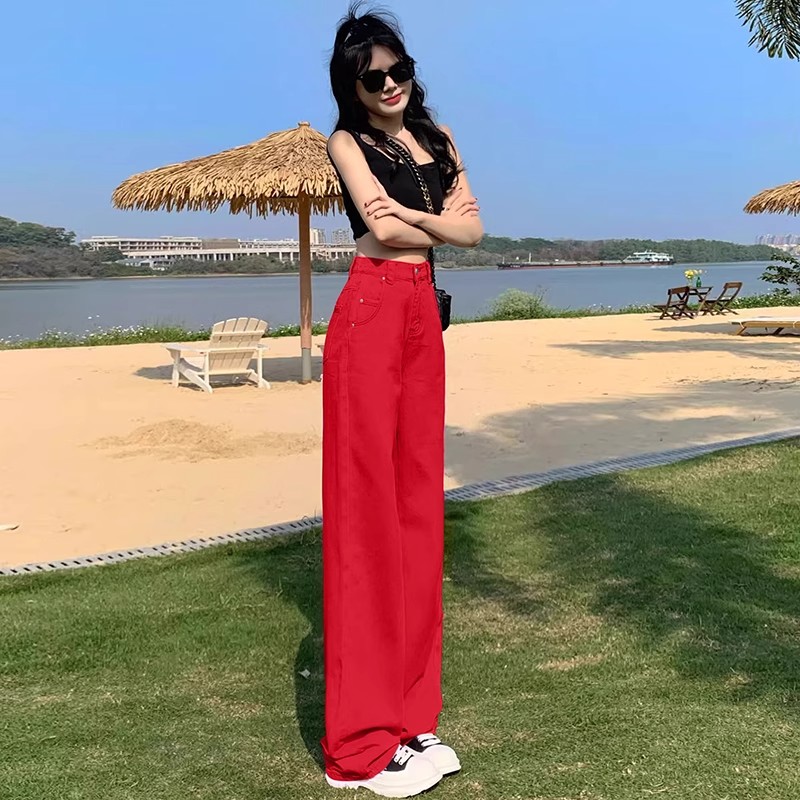 2026夏季新款多巴胺本命年大红色直筒牛仔裤女高腰显瘦垂感拖地裤
