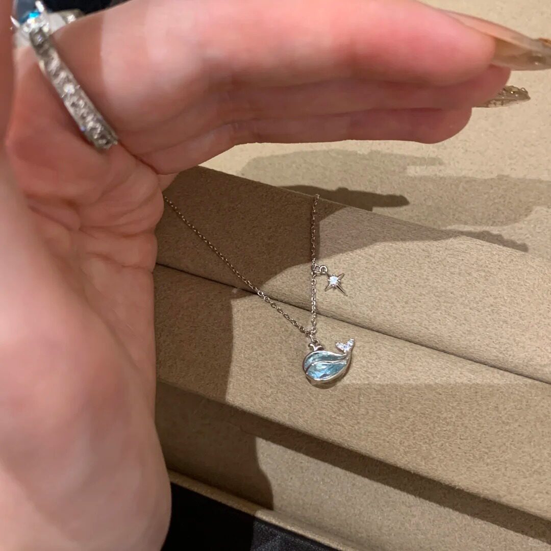 蒂奇S925纯银鲸鱼项链女小众高级感蓝色锆石锁骨链轻奢爆款首饰品图片