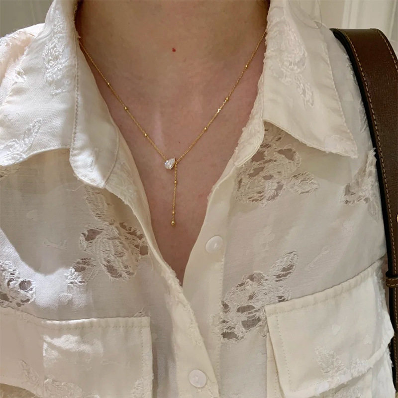蒂奇S925纯银韩系精致水滴Y型项链女高级感水滴形闪钻流苏锁骨链图片