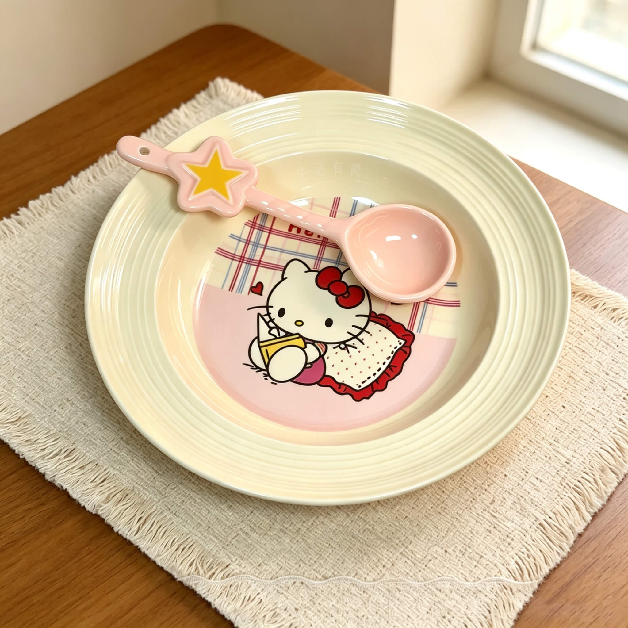 陶瓷盘子卡通kt碗女生高颜值餐具奶油风草帽盘菜盘饭碗勺家用宿舍