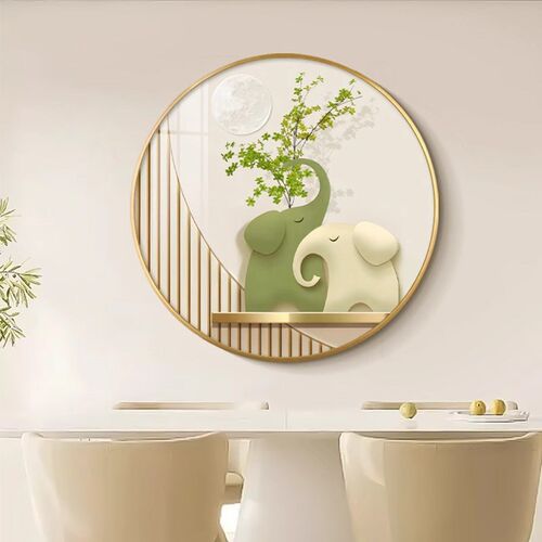 奶油风高级感客厅玄关装饰画绿植大象餐厅饭厅背景墙挂画圆形壁画