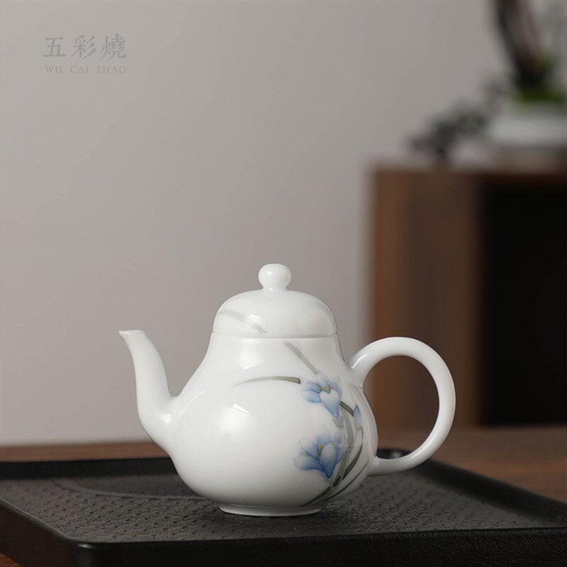 手绘陶瓷茶壶单壶泡茶功夫茶具醴陵手工白玉瓷单个小壶高温釉下彩