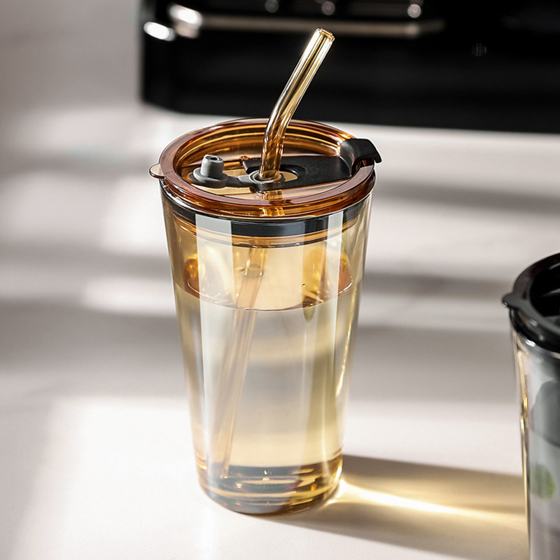 玻璃吸管杯家用喝水杯女新款2022咖啡杯便携式果汁奶茶杯子