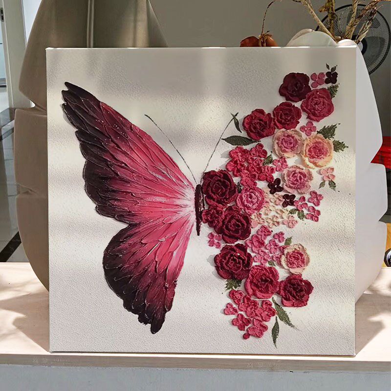 手工玫瑰蝴蝶肌理画diy材料全套高级感数字油画填色装饰画石英砂