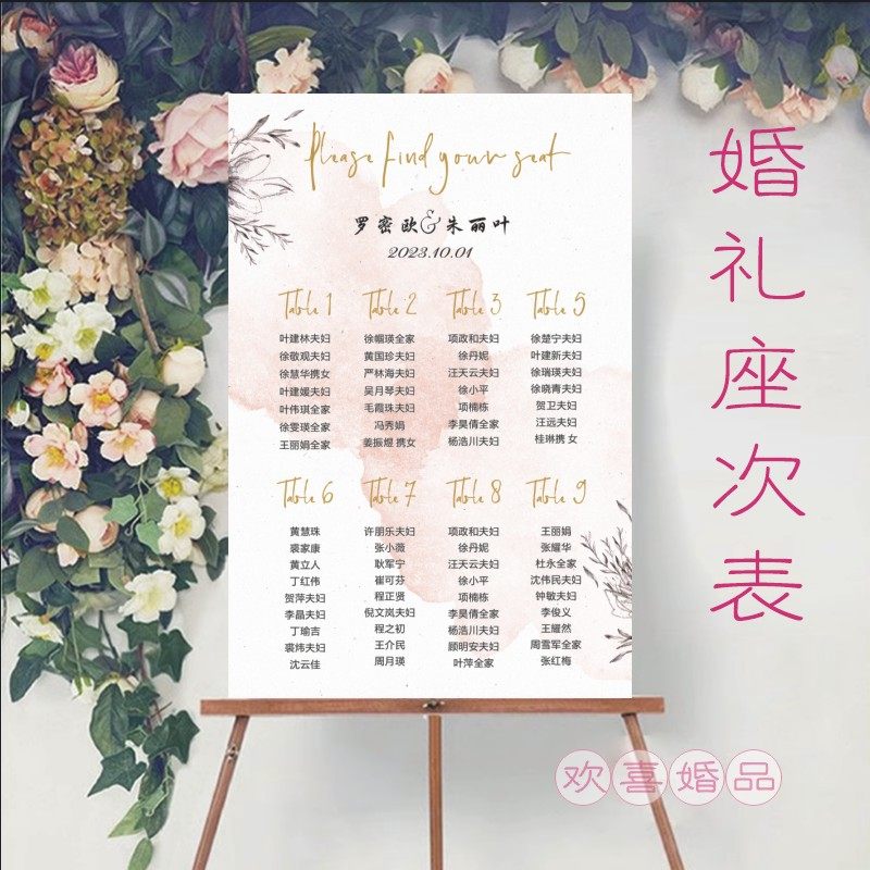 定制婚礼座位图婚宴座位表结婚人员名单海报宾客席位图卡设计打印图片