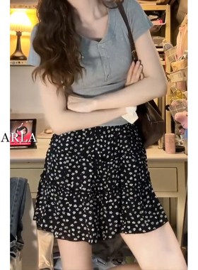 黑色碎花蛋糕短裙女高腰大码夏季胖mm遮肚显瘦梨形身材a字半身裙