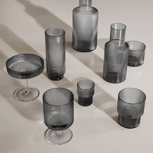 丹麦Ferm Living涟漪水杯玻璃杯套装家用冷水壶竖纹酒杯透明/烟灰