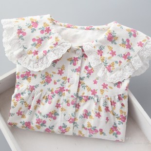 女童磨毛衬衫2023秋冬新款儿童纯棉衬衣女孩子内搭碎花娃娃领上衣