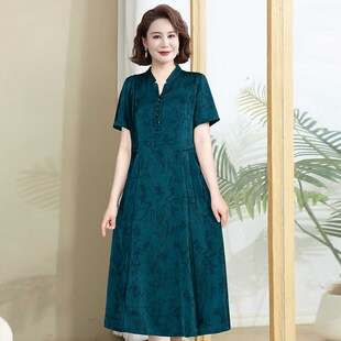 中老年女装连衣裙短袖夏款v领时尚简约妈妈款显瘦气质中长款裙子