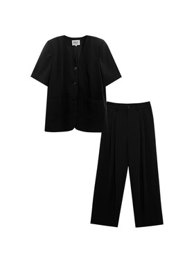 NAZ那子大码2025夏季新款设计感短袖垂感显瘦西装长裤胖mm女套装