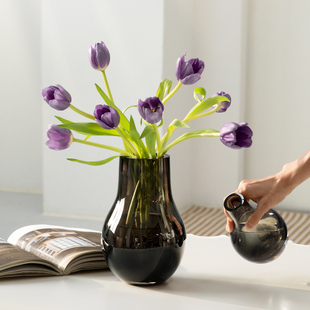 蓝色玻璃花瓶高级感加厚客厅大摆件水培轻奢北欧简约创意插花