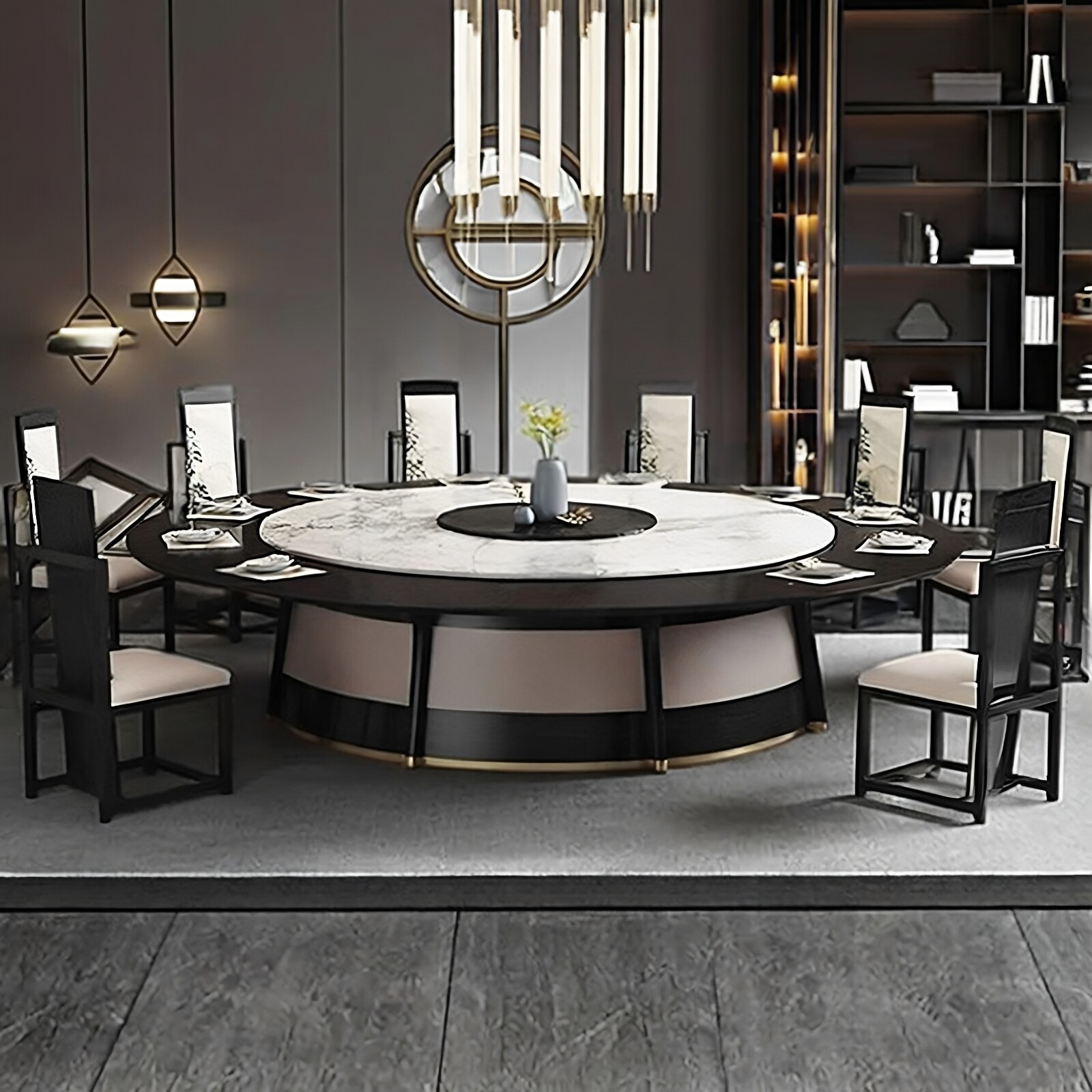 新中式实木桌面电动岩板转盘电磁炉定制小火锅桌宴会桌16-20人