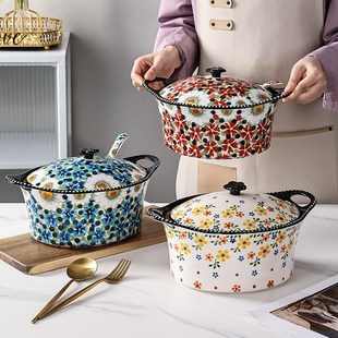 波兰风陶瓷双耳大汤碗家用大盆碗大碗带盖超大水煮肉片汤盆汤锅