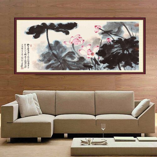 横版张大千水墨荷花国画花鸟画客厅办公室卷轴挂画走廊卧室装饰画