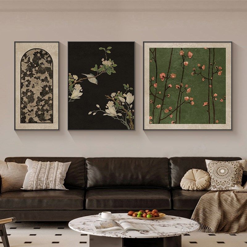 复古艺术客厅画中古风装饰画三联组合沙发后背景墙挂画花卉风景画