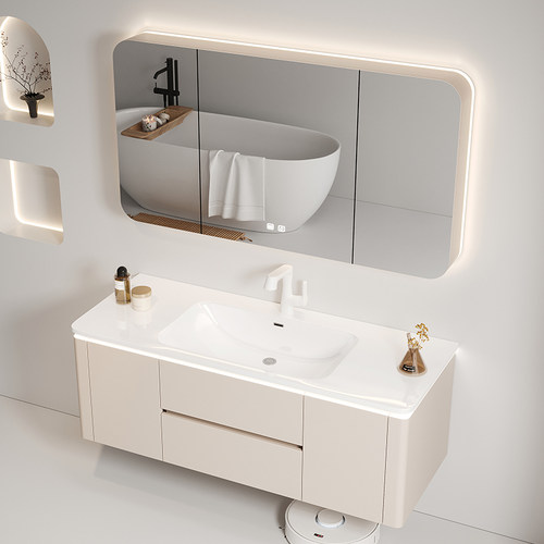 陶瓷一体盆浴室柜组合奶油风卫生橡木洗脸盆柜洗漱台洗手台盆柜