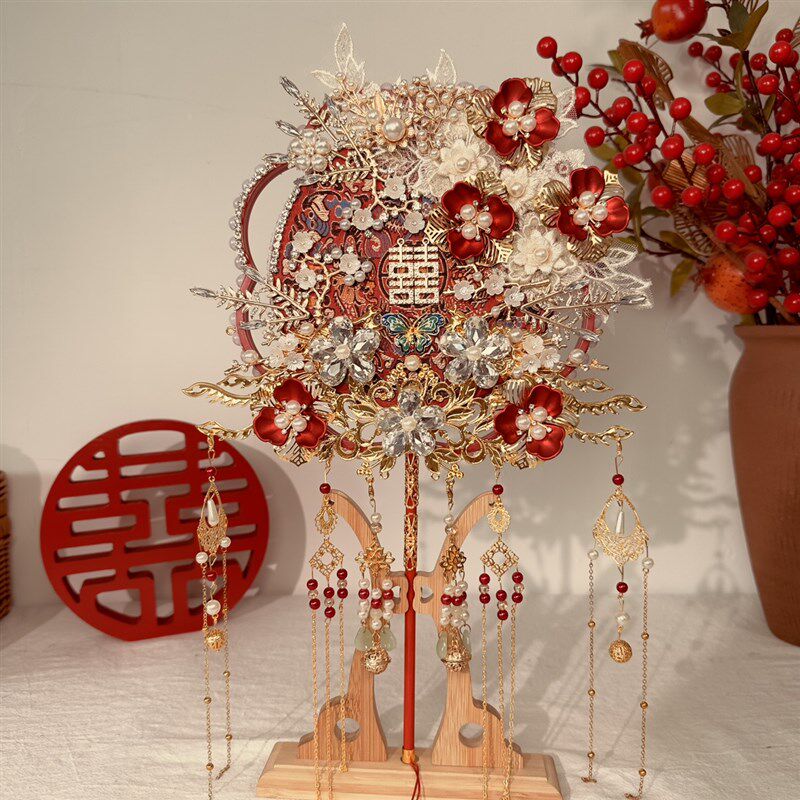 中式新娘团扇高级结婚出嫁手工diy材料包双面成品红色喜扇秀禾服