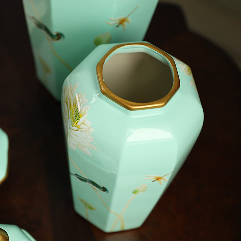 新中式荷花陶瓷花瓶带盖子摆件客厅玄关角几电视柜装饰八角将军罐,家居饰品,储物罐,淘宝优惠券,粉丝福利购,淘宝优惠卷