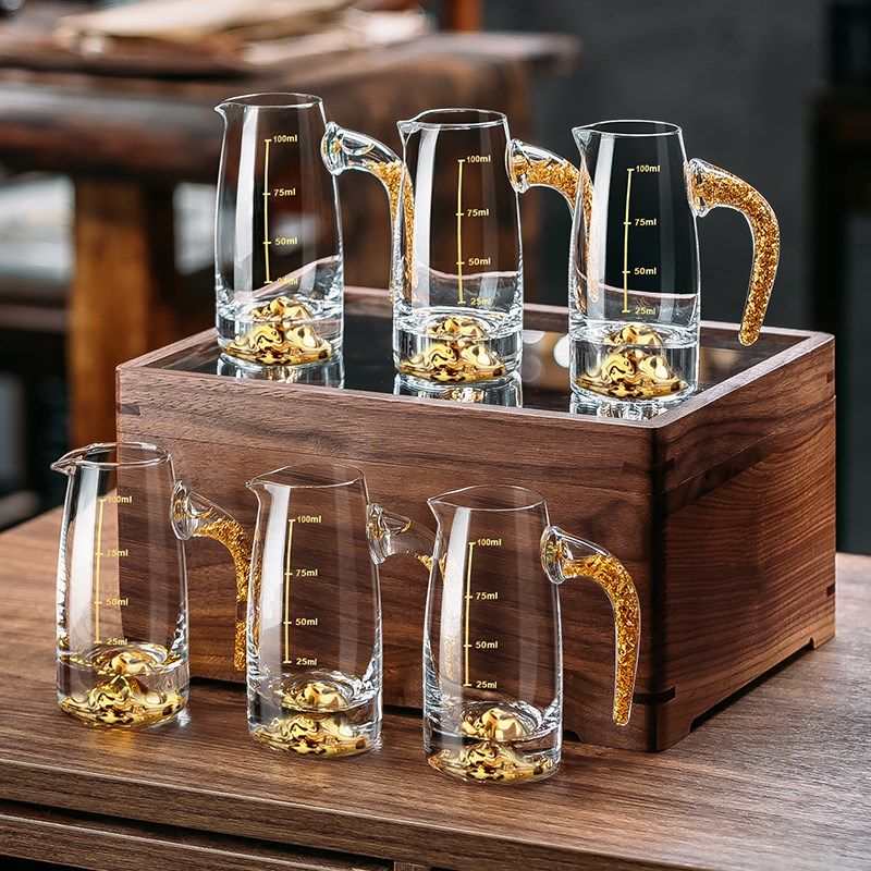 金箔白酒杯分酒器收纳盒套装水晶玻璃金山家用小一口高档高端酒具