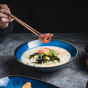 蓝色窑变釉日式陶瓷大面碗斗笠喇叭碗 大碗汤碗家用不烫手吃面碗