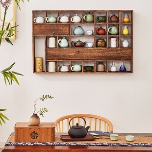 博古架实木多宝阁茶具茶杯茶壶盖板收纳架茶叶摆放架墙上茶杯置物