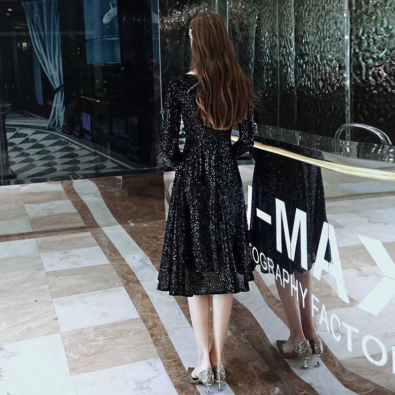 晚礼服女宴会气质轻奢小众高端主持人高级感亮片晚装黑色端庄大气