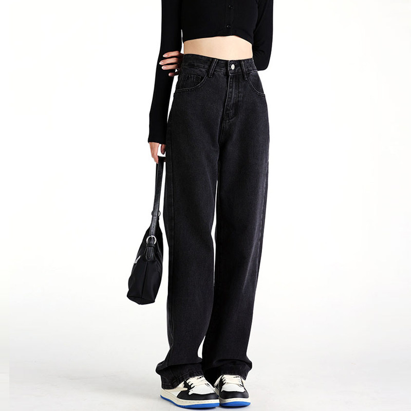 加绒黑色直筒牛仔裤女小个子2023秋冬新款宽松烟管裤子高腰显瘦潮