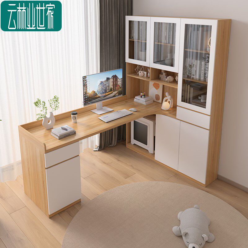 转角书桌书架一体台式电脑桌子办公桌实木卧室家用写字台学习桌子