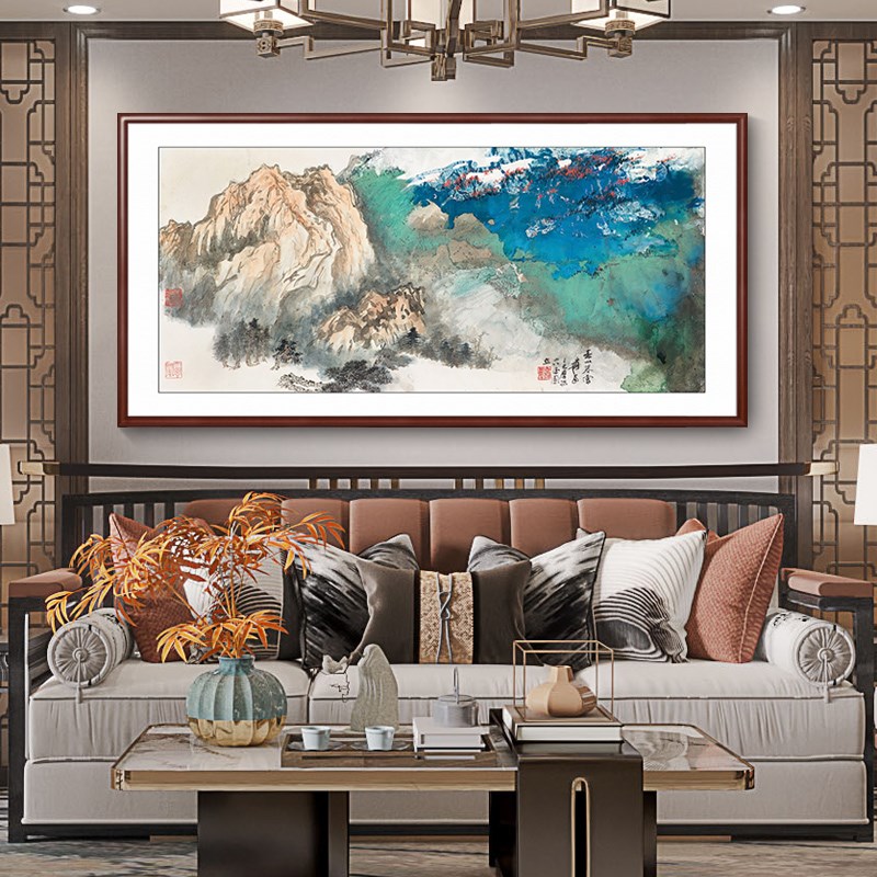 张大千山水画挂画客厅沙发背景墙装饰画办公室挂墙画风景靠山壁画