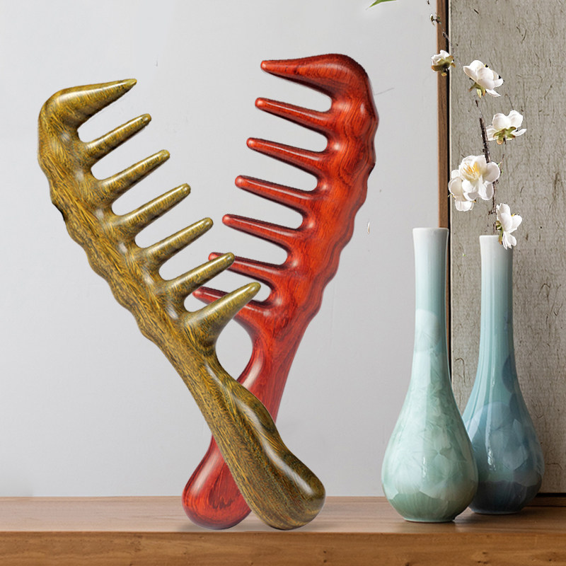 梳子绿檀木梳檀香卷发梳宽齿梳静电按摩脱发粗齿大齿梳整料红檀