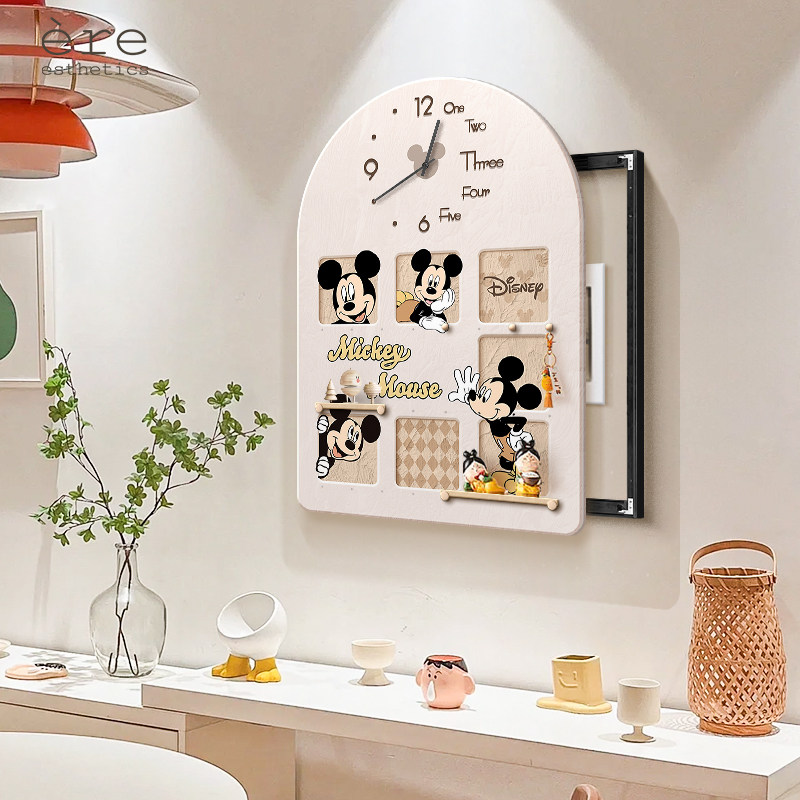 奶油风米奇洞洞板电表箱装饰画带钟表创意卡通免钉配电箱遮挡挂画